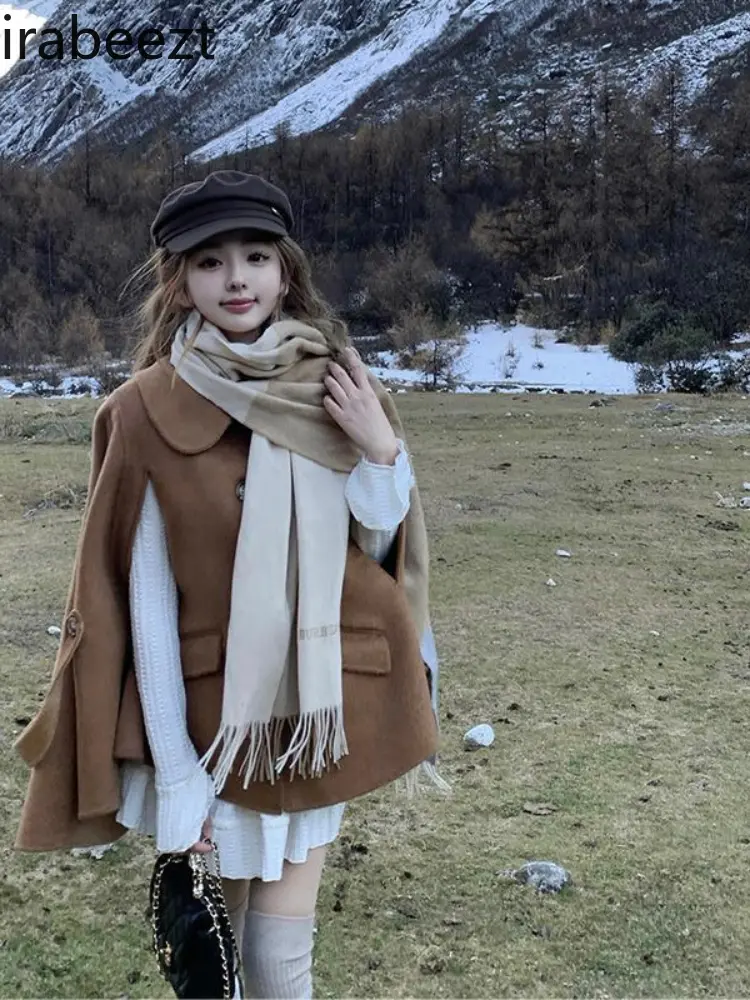 2024 Autumn and Winter New French Temperament Cape Retro Sweet Woolen Coat Woman Casaco Feminino De Inverno Super Quente