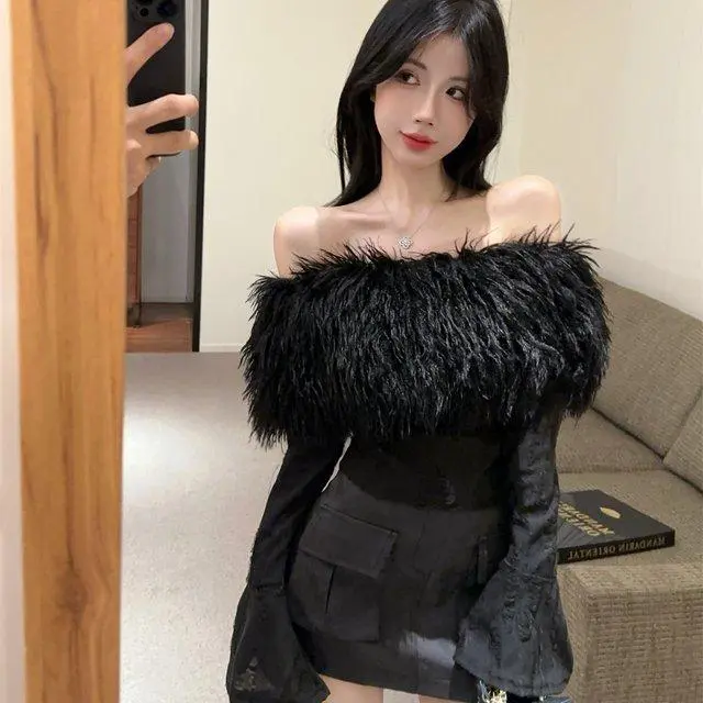 2024 Autumn and Winter New Fashion One-line Shoulder Hair Fringe Top Coat Wrapping Hip Short Leather Skirt Conjuntos De Falda
