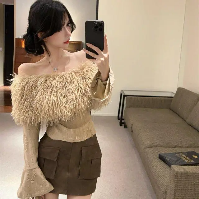 2024 Autumn and Winter New Fashion One-line Shoulder Hair Fringe Top Coat Wrapping Hip Short Leather Skirt Conjuntos De Falda
