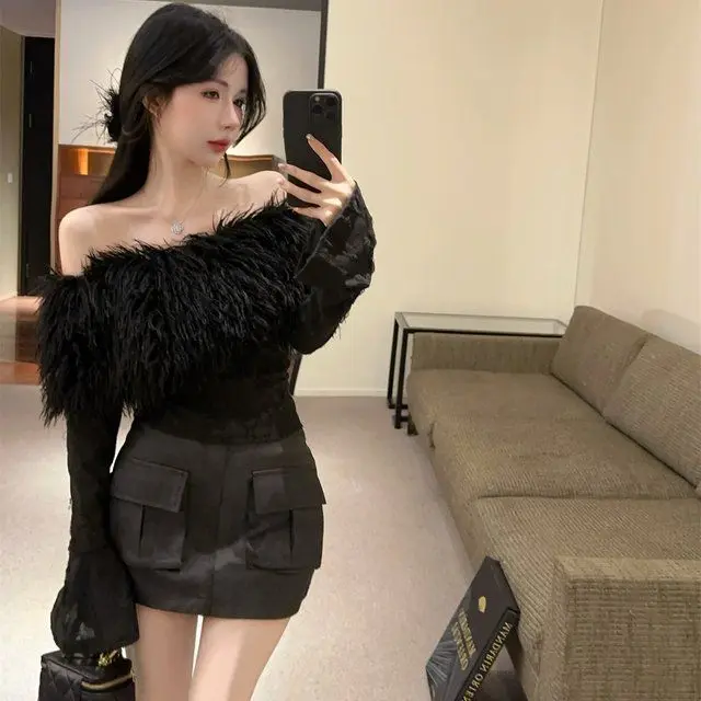 2024 Autumn and Winter New Fashion One-line Shoulder Hair Fringe Top Coat Wrapping Hip Short Leather Skirt Conjuntos De Falda