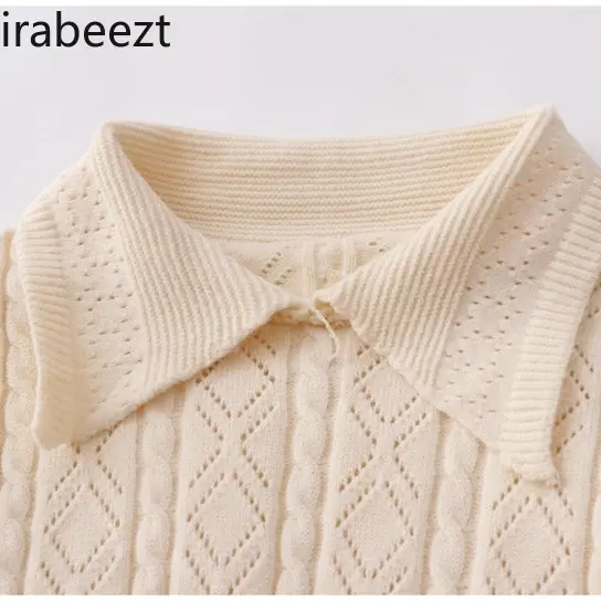 Autumn New Vintage Sweet Gentle Style Loose Hollow Lapel Knitted Tops Women's Short Sweater Regulai Fit Sueter Mujer