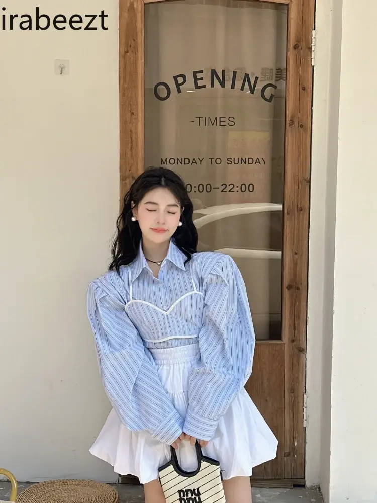 Light Mature Gentle Fashion Popular Suit Women Blue Striped Shirt Halter Vest High Waist Half Skirt Three-piece Set