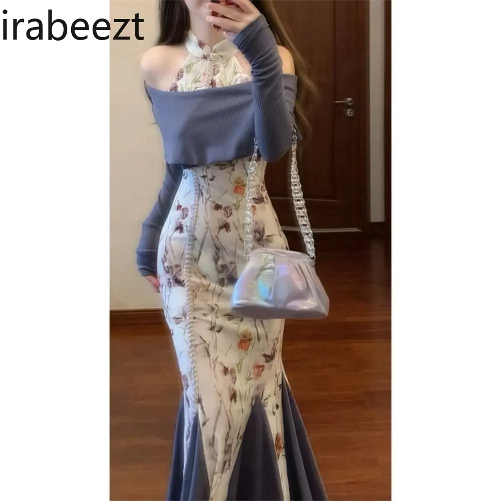 New Chinese Design Sense Floral Cheongsam Robe Female Autumn Large Size Slim Fit Dress with Vest 2 Pieces Suit