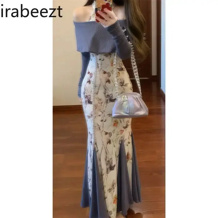 New Chinese Design Sense Floral Cheongsam Robe Female Autumn Large Size Slim Fit Dress with Vest 2 Pieces Suit