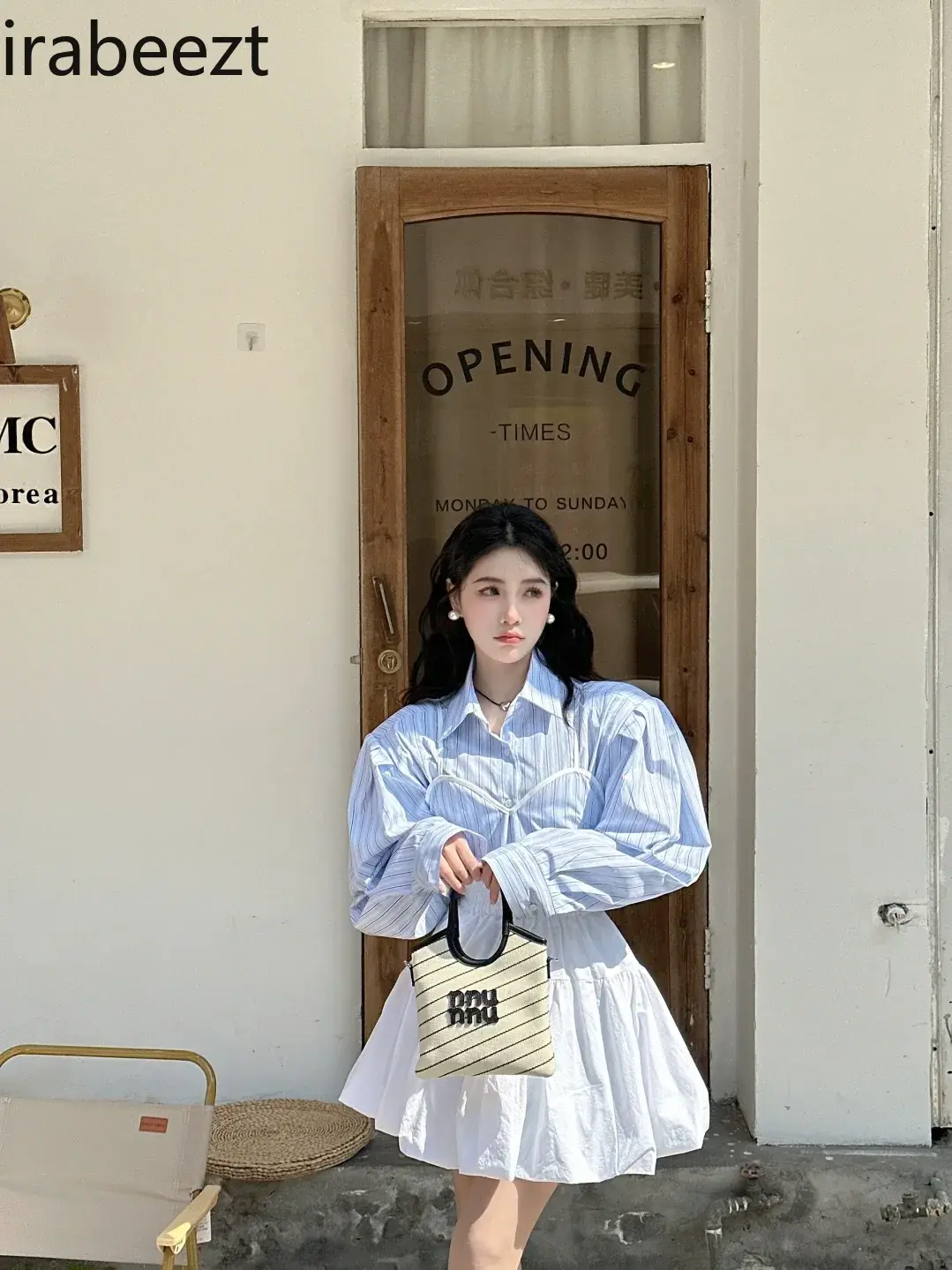 Light Mature Gentle Fashion Popular Suit Women Blue Striped Shirt Halter Vest High Waist Half Skirt Three-piece Set