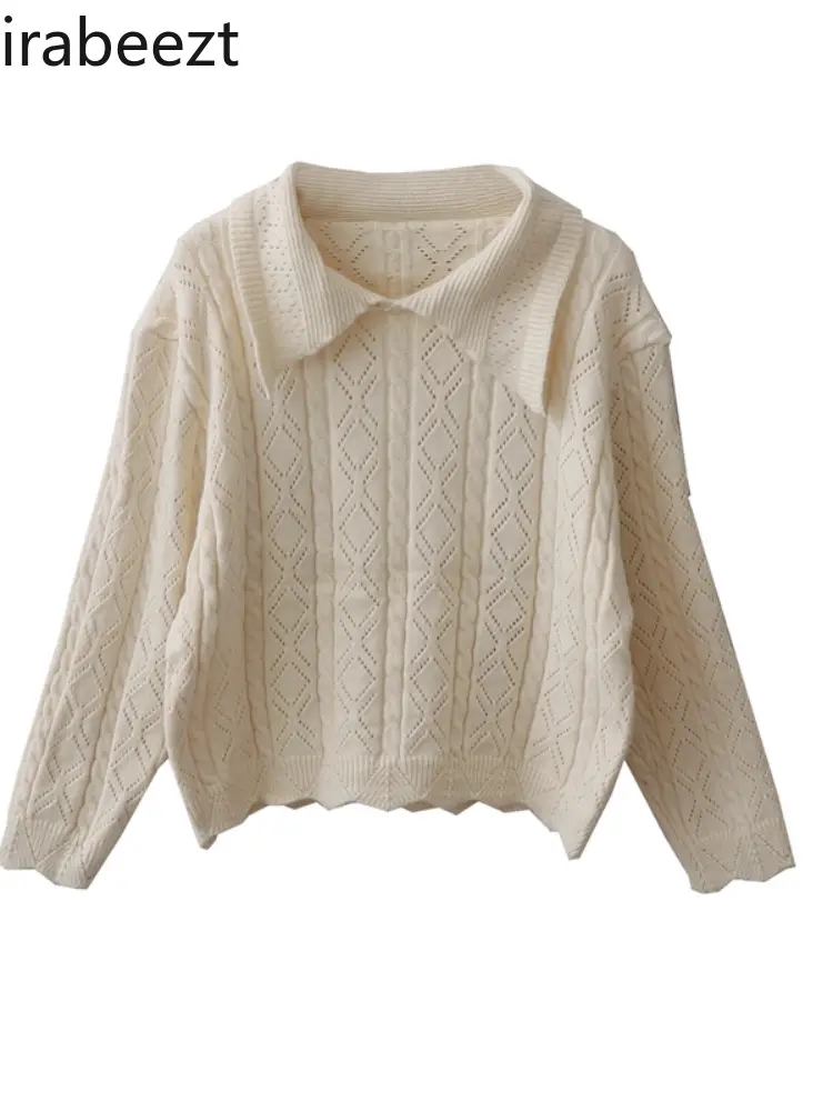 Autumn New Vintage Sweet Gentle Style Loose Hollow Lapel Knitted Tops Women's Short Sweater Regulai Fit Sueter Mujer