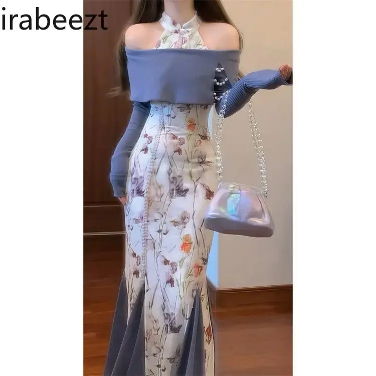New Chinese Design Sense Floral Cheongsam Robe Female Autumn Large Size Slim Fit Dress with Vest 2 Pieces Suit