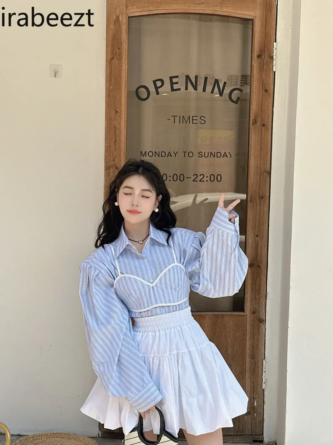 Light Mature Gentle Fashion Popular Suit Women Blue Striped Shirt Halter Vest High Waist Half Skirt Three-piece Set
