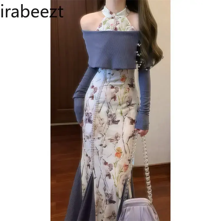New Chinese Design Sense Floral Cheongsam Robe Female Autumn Large Size Slim Fit Dress with Vest 2 Pieces Suit