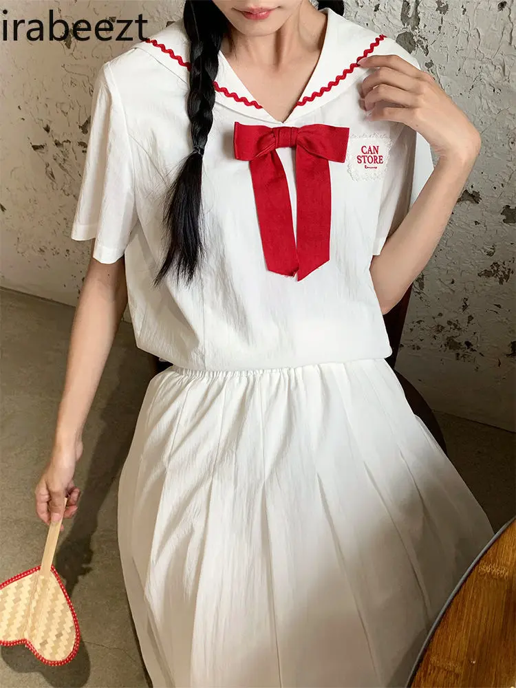Japanese College Navy Collar Set 2024 Summer New Sweet Age-reducing Slimming Commuter Two-piece Set Conjunto Feminino