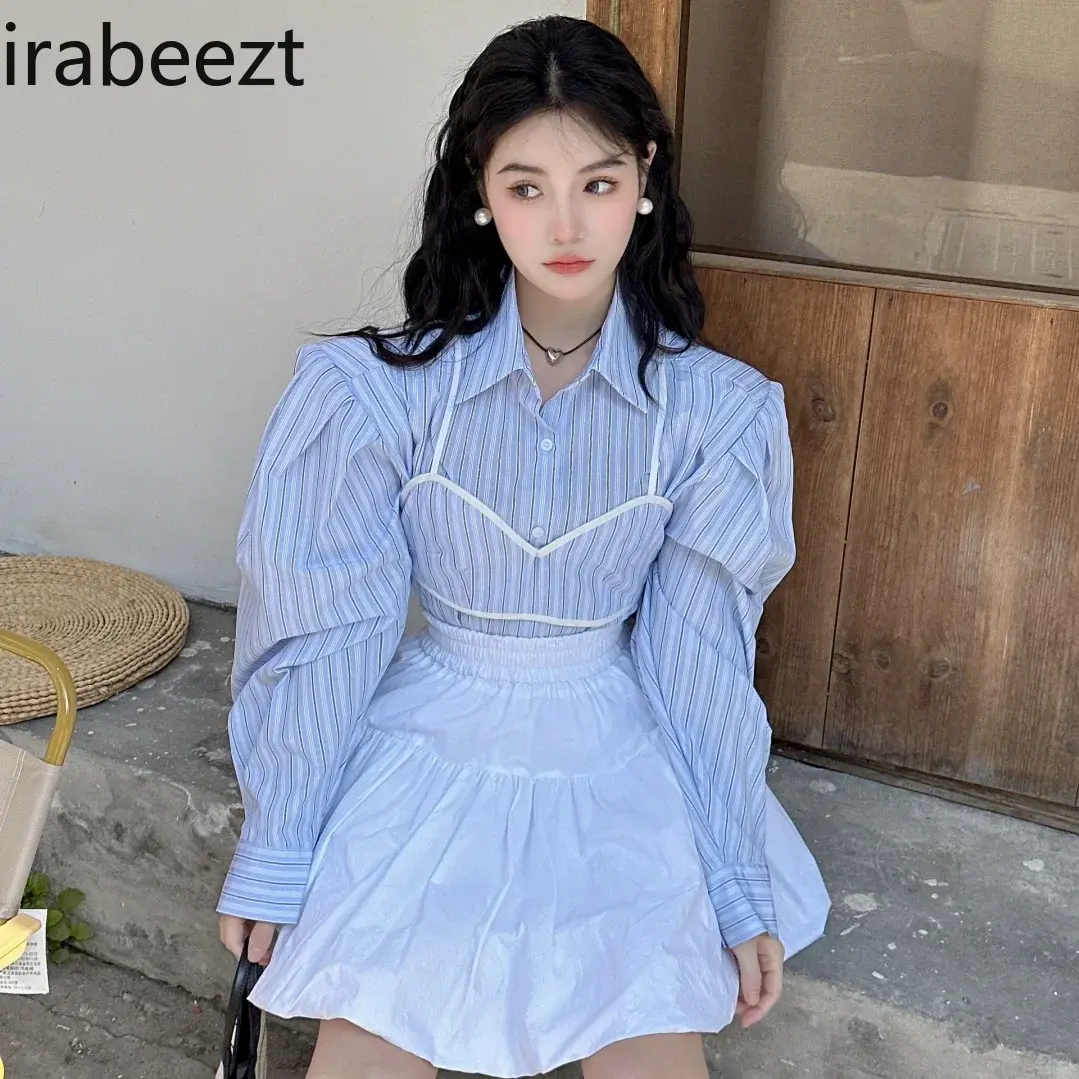 Light Mature Gentle Fashion Popular Suit Women Blue Striped Shirt Halter Vest High Waist Half Skirt Three-piece Set