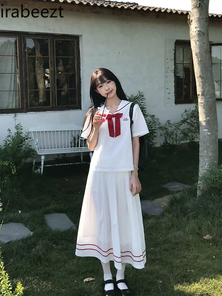Japanese College Navy Collar Set 2024 Summer New Sweet Age-reducing Slimming Commuter Two-piece Set Conjunto Feminino