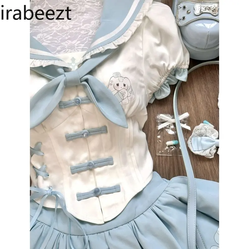 Sweet College Style Girly Blue JK Uniform Slim-fit Shirt Matching Pleated Skirt Gentle Style Two-piece Set Conjuntos De Falda