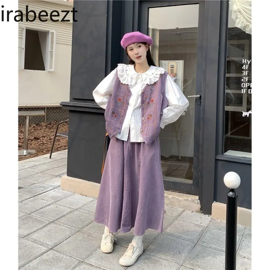 Japanese Corduroy Cardigan Vest + Doll Collar Shirt + Skirt 2024 Fall Suit Women LOOSE FIT Casual Costume Deux Pieces Femme