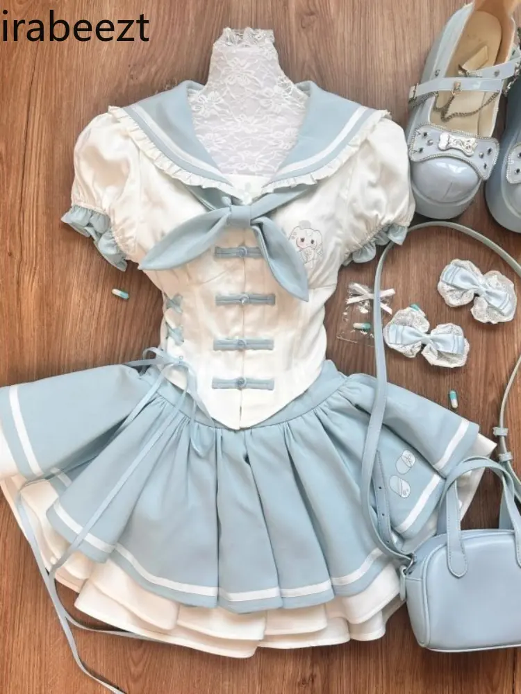 Sweet College Style Girly Blue JK Uniform Slim-fit Shirt Matching Pleated Skirt Gentle Style Two-piece Set Conjuntos De Falda