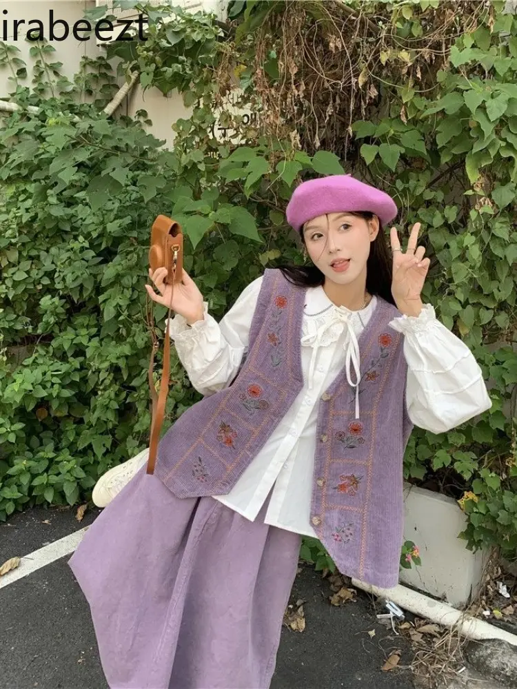 Japanese Corduroy Cardigan Vest + Doll Collar Shirt + Skirt 2024 Fall Suit Women LOOSE FIT Casual Costume Deux Pieces Femme