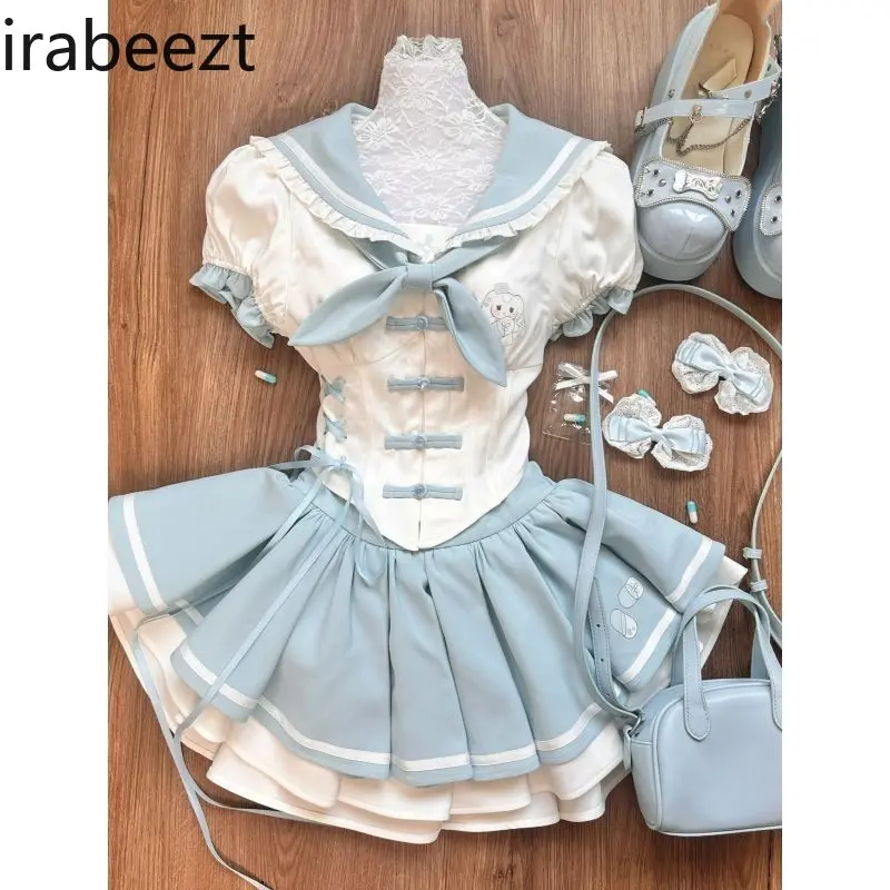 Sweet College Style Girly Blue JK Uniform Slim-fit Shirt Matching Pleated Skirt Gentle Style Two-piece Set Conjuntos De Falda