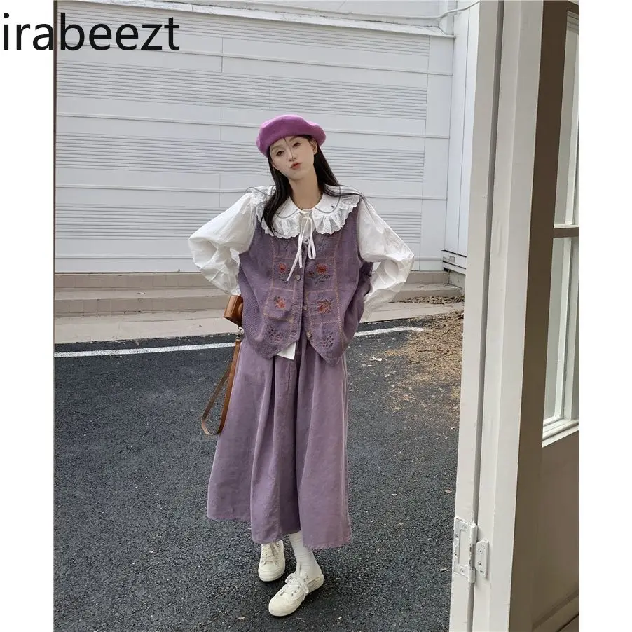 Japanese Corduroy Cardigan Vest + Doll Collar Shirt + Skirt 2024 Fall Suit Women LOOSE FIT Casual Costume Deux Pieces Femme