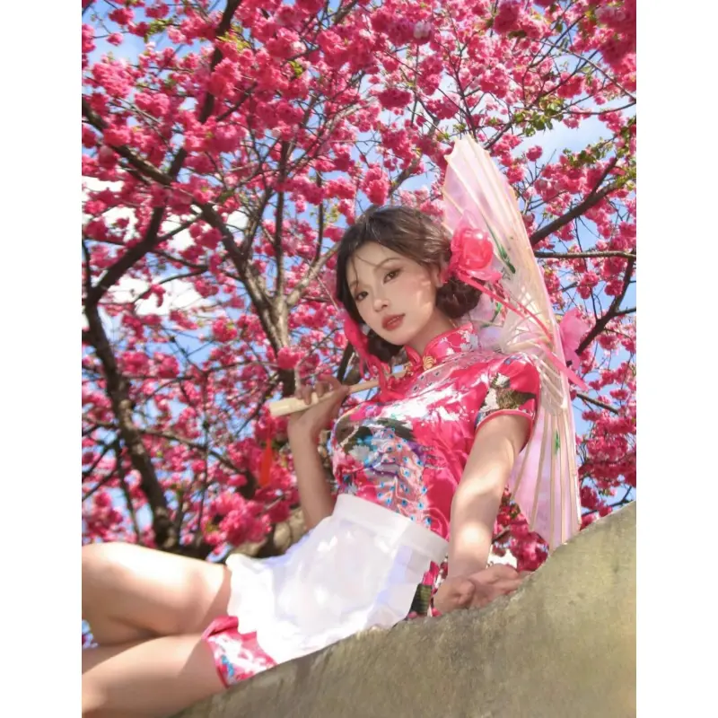 Chinese Style Lolita Qipao Dress with Apron Sexy Vintage Maid Cosplay Costume Summer New Cute Sexy Cheongsam 2 Piece Set