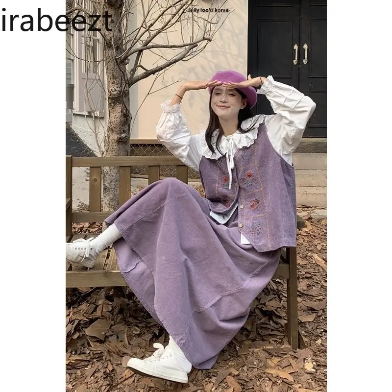 Japanese Corduroy Cardigan Vest + Doll Collar Shirt + Skirt 2024 Fall Suit Women LOOSE FIT Casual Costume Deux Pieces Femme
