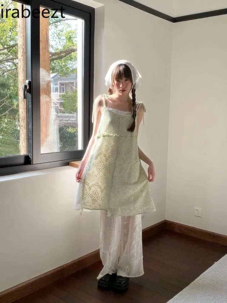 Peppermint Green Color Matching Two Sides Wear Lace-up Design Sweet Fresh Irregular Overlapping Dress LOOSE FIT Summer Dress