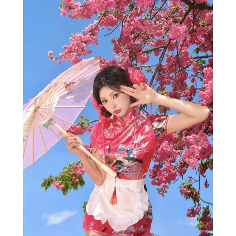 Chinese Style Lolita Qipao Dress with Apron Sexy Vintage Maid Cosplay Costume Summer New Cute Sexy Cheongsam 2 Piece Set