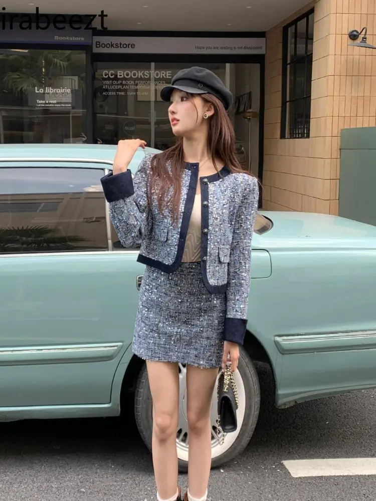 Sequin Elegant Set 2024 Fall New Style Short Coat A-line Skirt Two-piece Set Mainland China Conjuntos Feminino Elegante