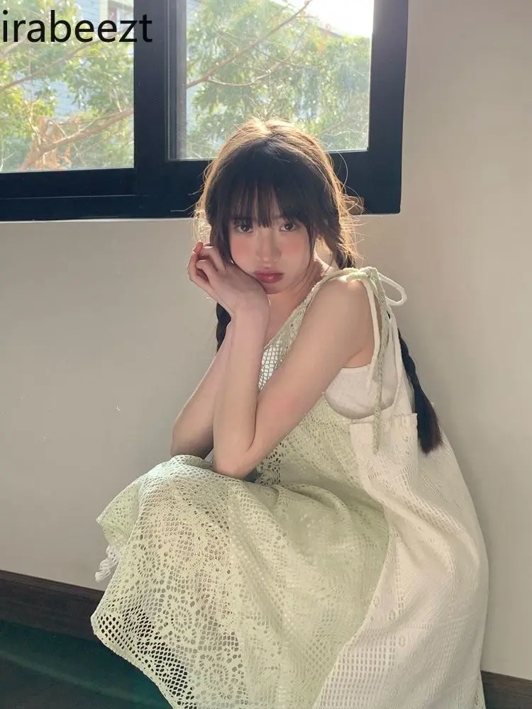 Peppermint Green Color Matching Two Sides Wear Lace-up Design Sweet Fresh Irregular Overlapping Dress LOOSE FIT Summer Dress