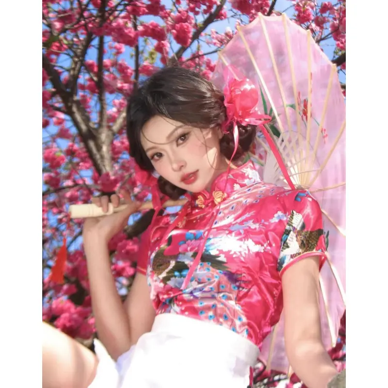 Chinese Style Lolita Qipao Dress with Apron Sexy Vintage Maid Cosplay Costume Summer New Cute Sexy Cheongsam 2 Piece Set