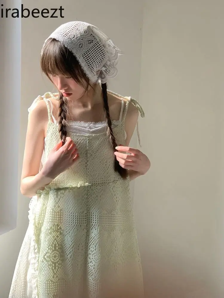 Peppermint Green Color Matching Two Sides Wear Lace-up Design Sweet Fresh Irregular Overlapping Dress LOOSE FIT Summer Dress