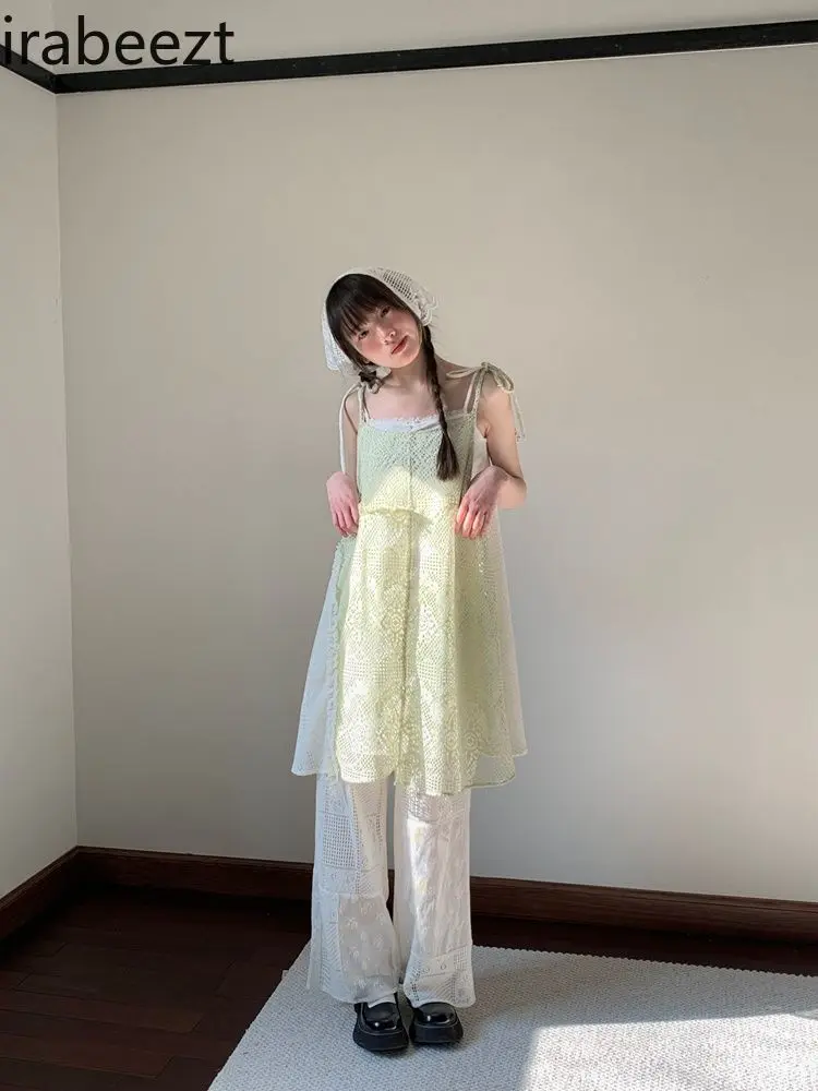 Peppermint Green Color Matching Two Sides Wear Lace-up Design Sweet Fresh Irregular Overlapping Dress LOOSE FIT Summer Dress