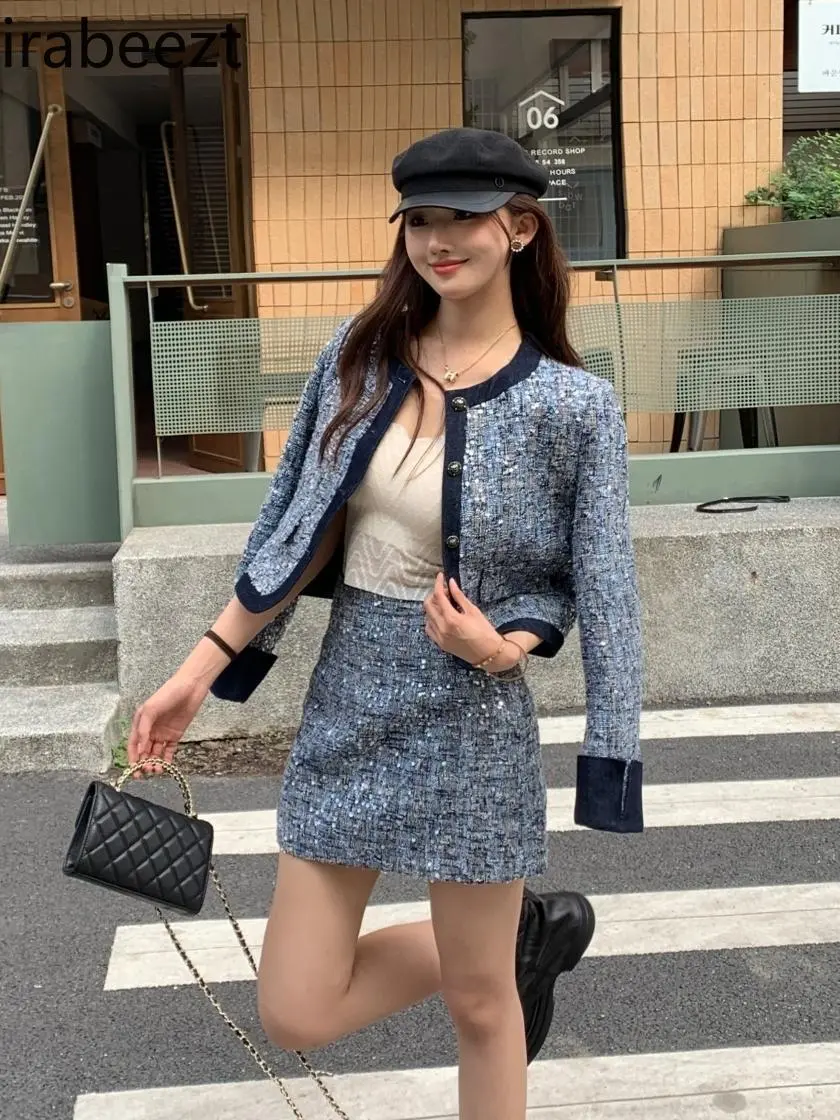 Sequin Elegant Set 2024 Fall New Style Short Coat A-line Skirt Two-piece Set Mainland China Conjuntos Feminino Elegante