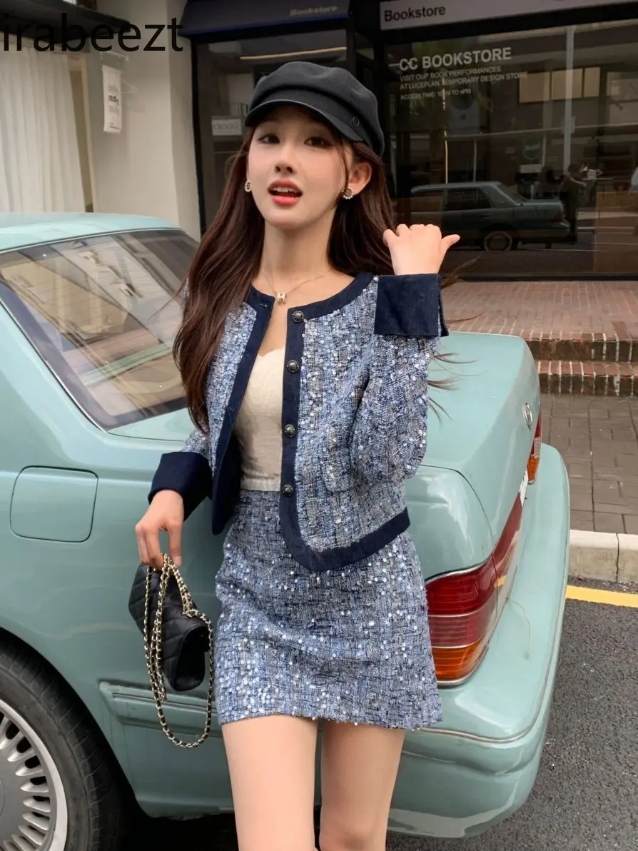 Sequin Elegant Set 2024 Fall New Style Short Coat A-line Skirt Two-piece Set Mainland China Conjuntos Feminino Elegante