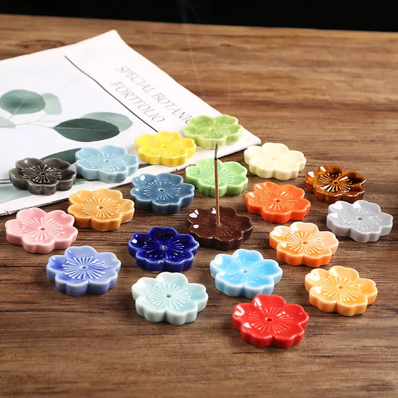 Cherry Blossom Incense Burner Home Ceramic Decor Stick Holder Aromatherapy Censer Office Teahouse Ornament