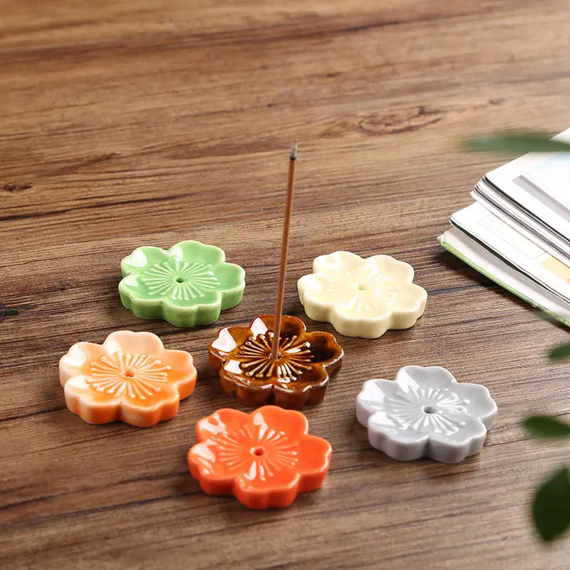 Cherry Blossom Incense Burner Home Ceramic Decor Stick Holder Aromatherapy Censer Office Teahouse Ornament