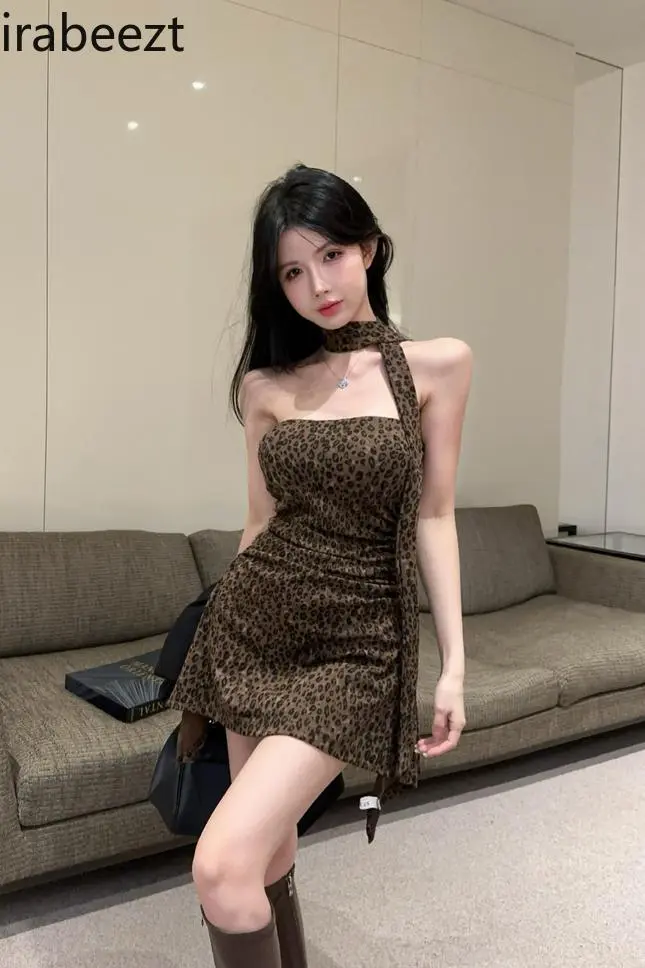 Versatile and Sexy Leopard Print Tube Top Dress Irregular Hip-hugging Robe with Breast Pads Slim Fit  Summer Vestidos De Mujer