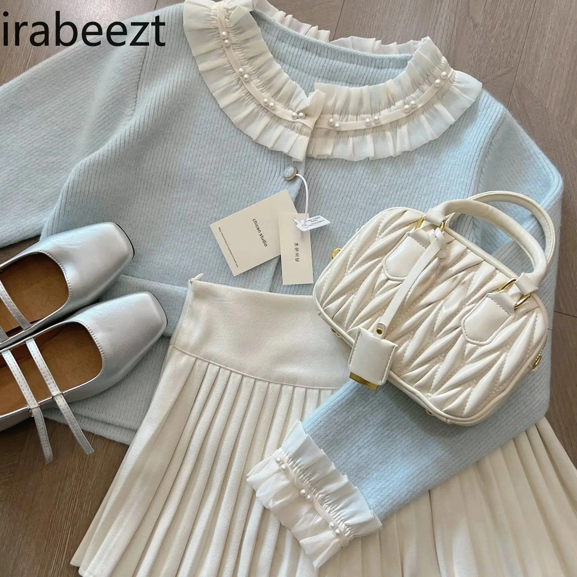 Autumn New Korean Cute Sweet Style Splicing Top Short Pleated Skirt Two-piece Set Conjunto Femenino Roupa Elegante