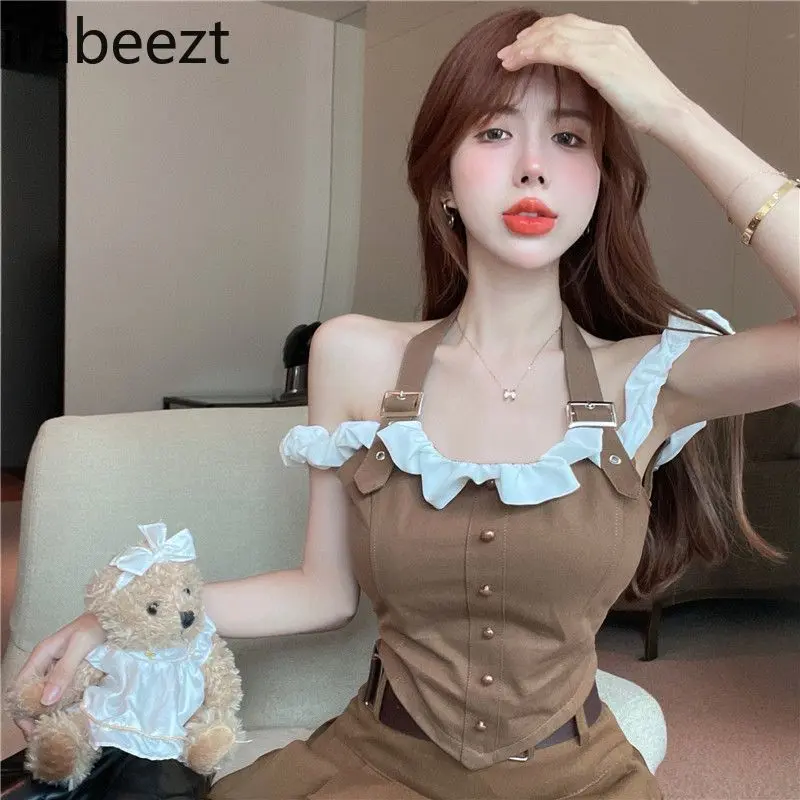 Hot Girl Style Suit Retro One-shoulder Halterneck Camisole Female 2024 Summer New Pleated Skirt Two-piece Set Юбка Женская