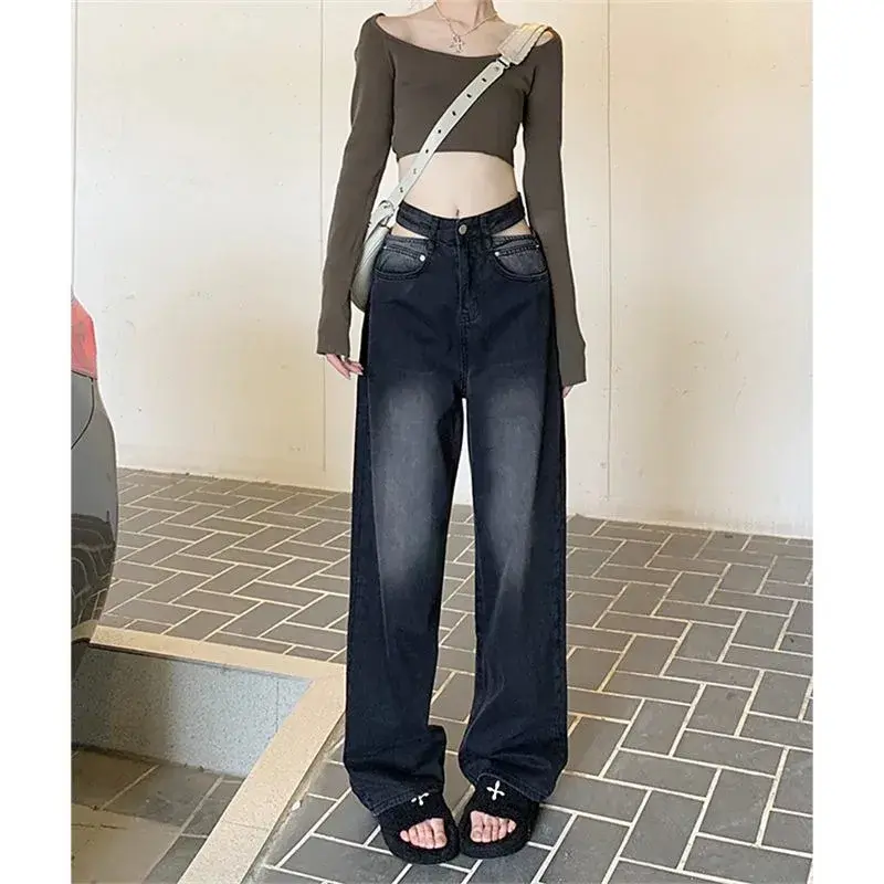 Women's Jeans High Waist Hollow Straight Wide Leg Trouser Design Sense Sexy Spicy Girl Fashion Trend Denim Pants Lady's Clothing