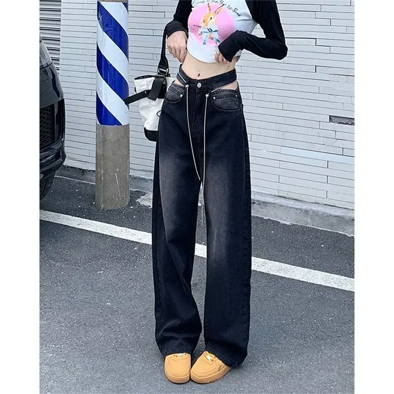 Women's Jeans High Waist Hollow Straight Wide Leg Trouser Design Sense Sexy Spicy Girl Fashion Trend Denim Pants Lady's Clothing