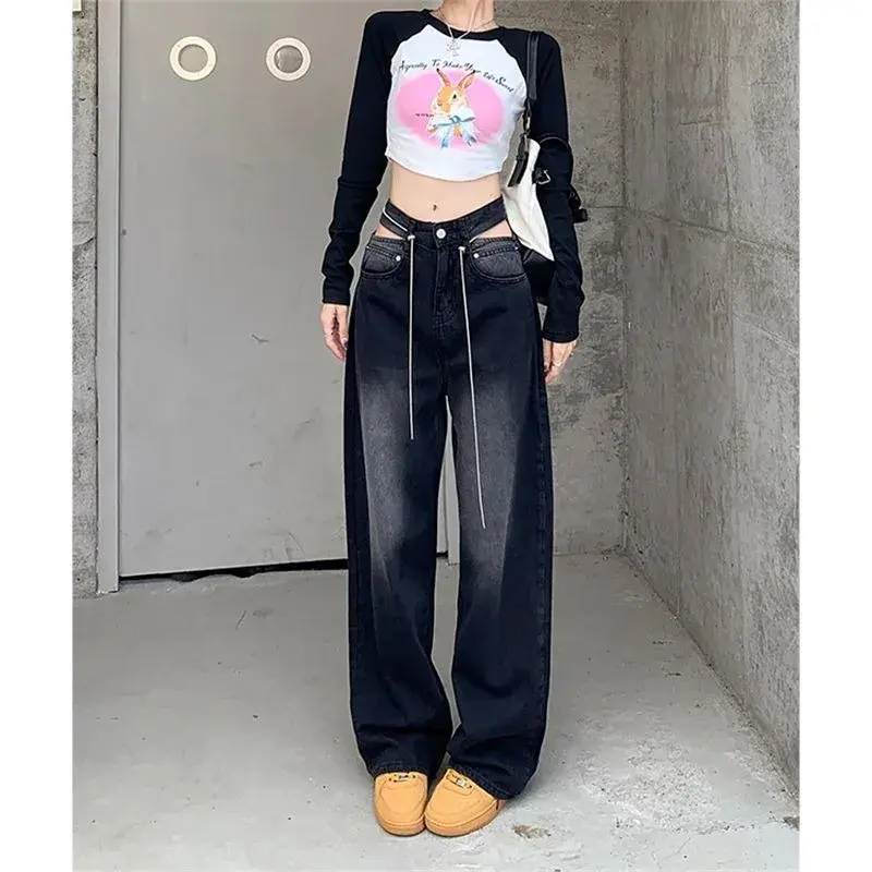 Women's Jeans High Waist Hollow Straight Wide Leg Trouser Design Sense Sexy Spicy Girl Fashion Trend Denim Pants Lady's Clothing
