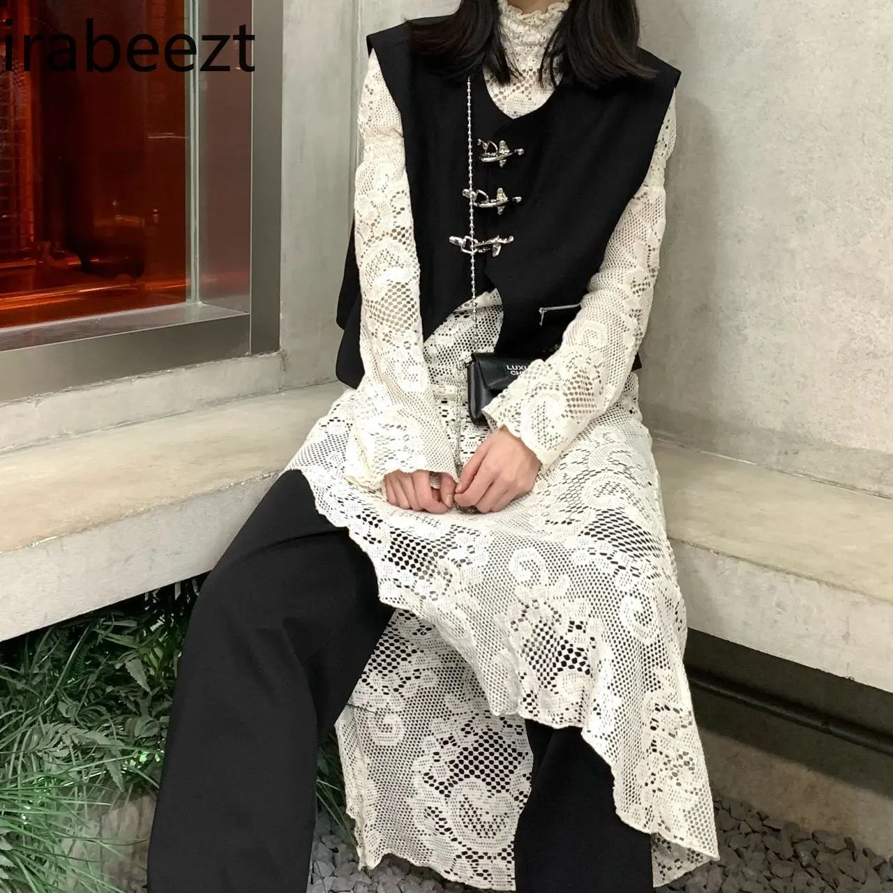 Autumn and Winter Cutout Lace Irregular Dress Women Loose Slimming Temperament Long Robe Demoiselle D Honneur Femme Courte