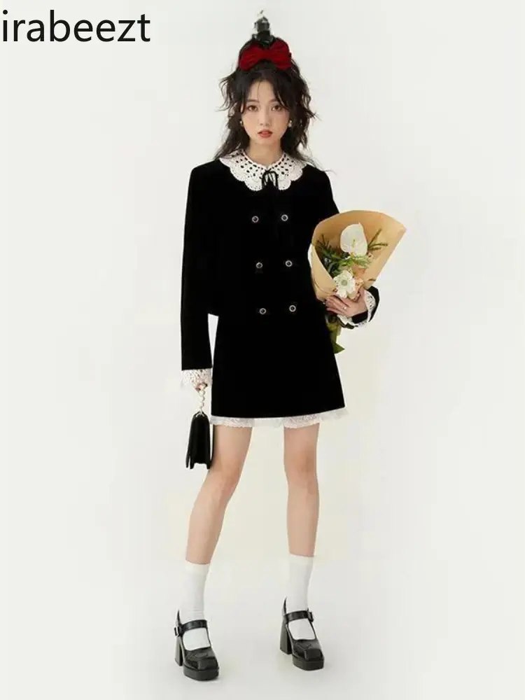 Doll Collar Long Sleeve Velvet Coat Female Autumn Winter High Waist Skirt Two-piece Set Conjunto De Mujer 2 Piezas Elegante
