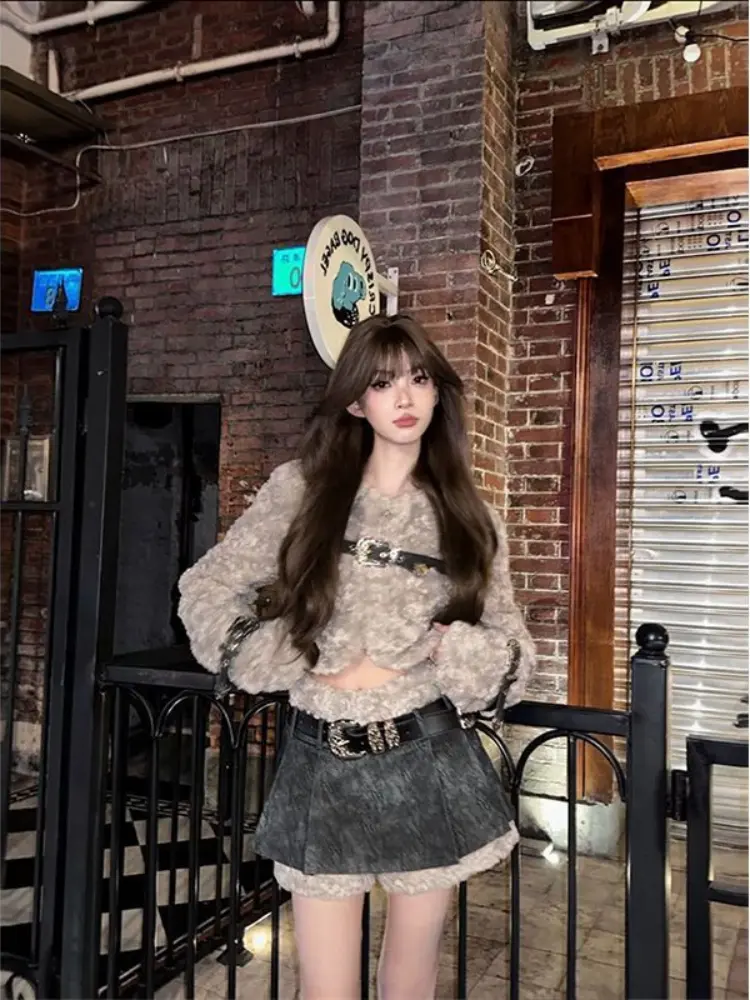 Autumn and Winter A Complete Set of Grey Cashmere Coat Female Niche Design Sense Spliced Skirt Two-piece Set Conjuntos De Mujer