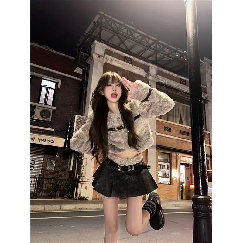 Autumn and Winter A Complete Set of Grey Cashmere Coat Female Niche Design Sense Spliced Skirt Two-piece Set Conjuntos De Mujer