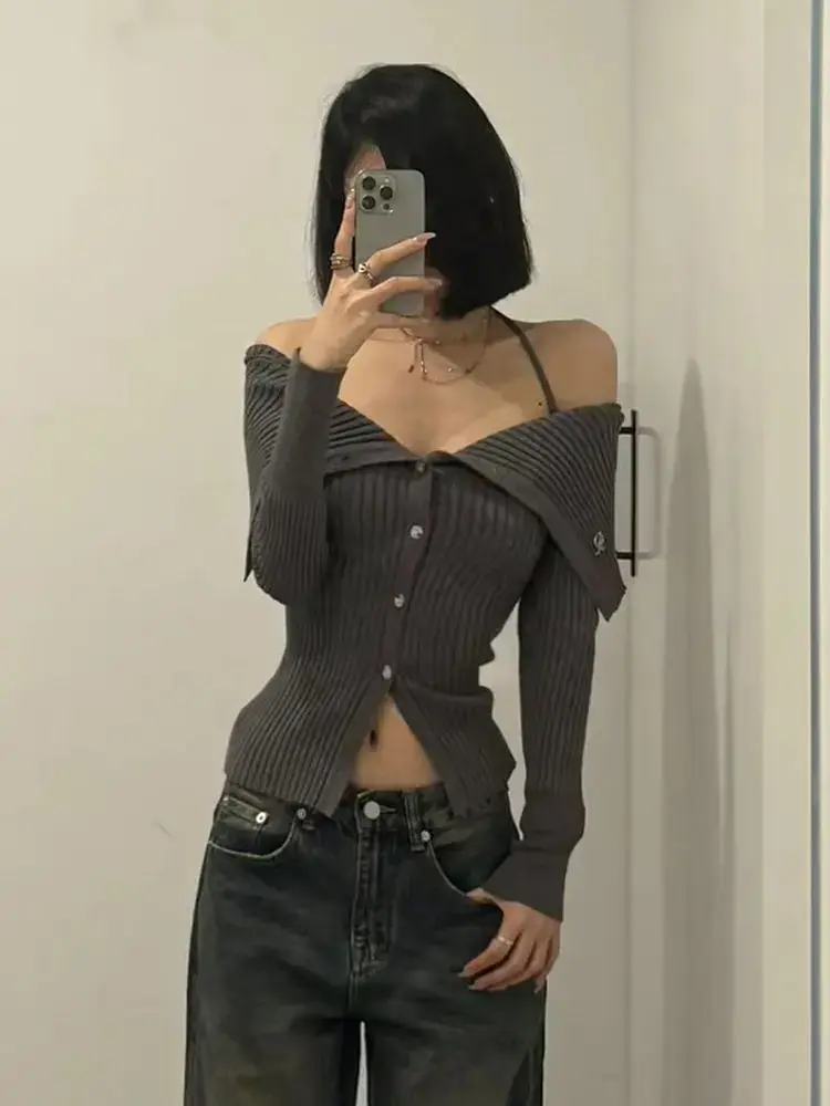 Double-zip Cardigan Long-sleeved Top Slim Fit Slash Shoulder Knitwear for Fall Cropped Cardigan Medium Strecth Cropped Cardigan