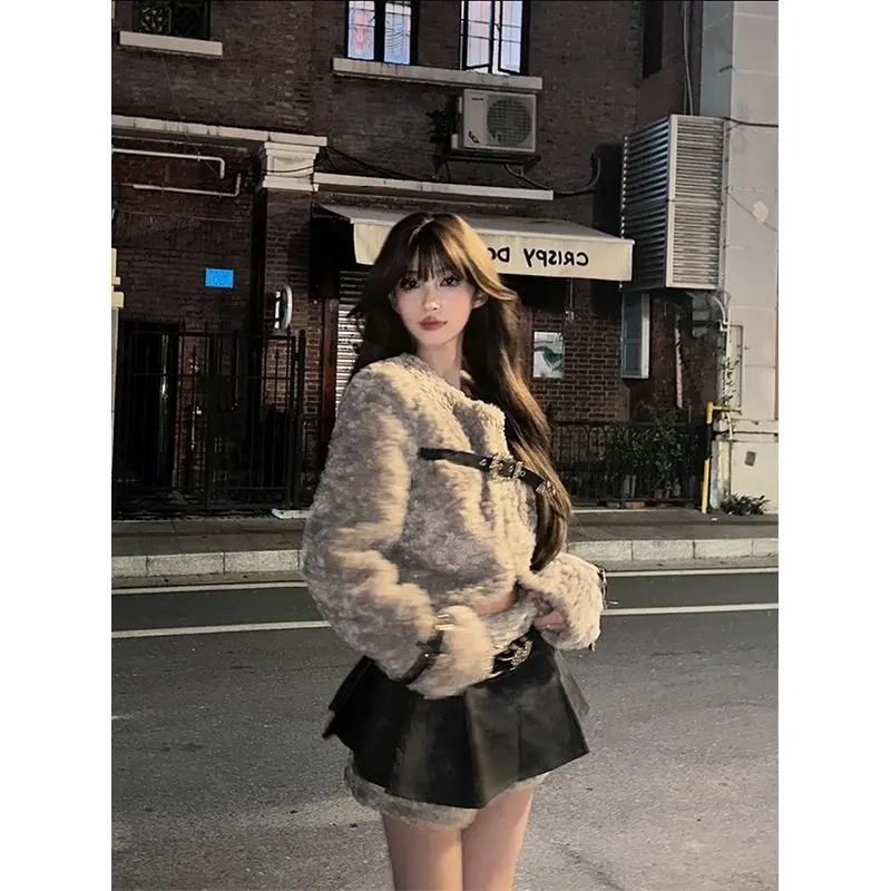 Autumn and Winter A Complete Set of Grey Cashmere Coat Female Niche Design Sense Spliced Skirt Two-piece Set Conjuntos De Mujer