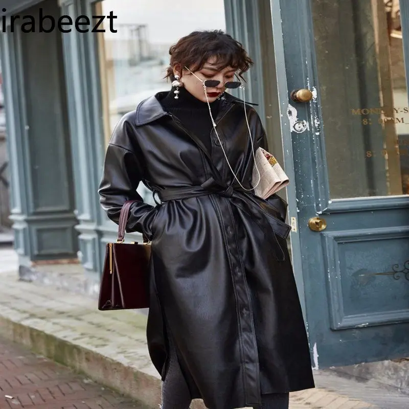 2024 New Female Spring and Autumn Locomotive Drawstring Waist Long Over The Knee Handsome Loose Pu Leather Trench Coat Female