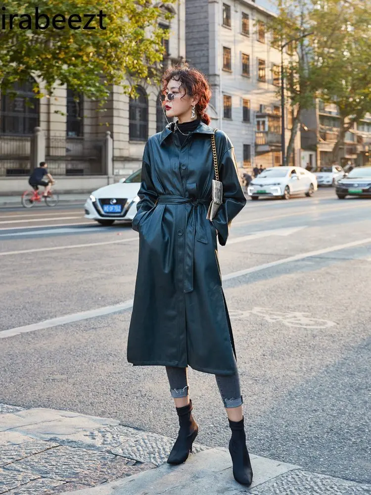 2024 New Female Spring and Autumn Locomotive Drawstring Waist Long Over The Knee Handsome Loose Pu Leather Trench Coat Female