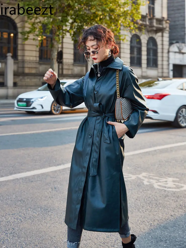 2024 New Female Spring and Autumn Locomotive Drawstring Waist Long Over The Knee Handsome Loose Pu Leather Trench Coat Female